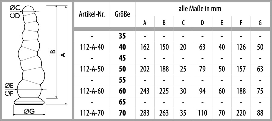 Maßtabelle von Dildo Bubbles